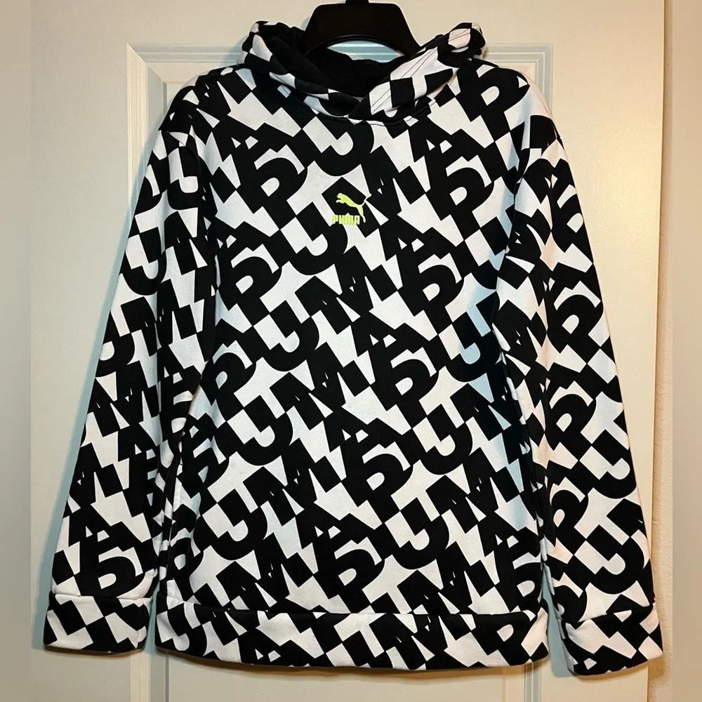 Puma | Allover Logo Graphic Hoodie | Black/White | Youth XL 18-20